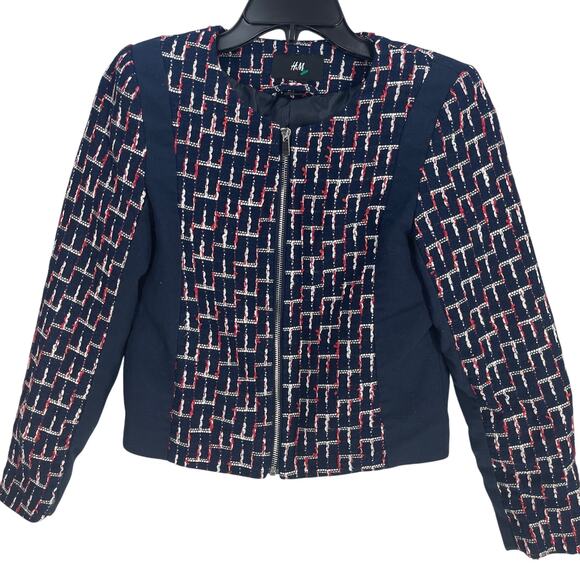 HM Blazer Jacket Size M Red White Blue Full Zip Tweed Academia Modest - Picture 2 of 7